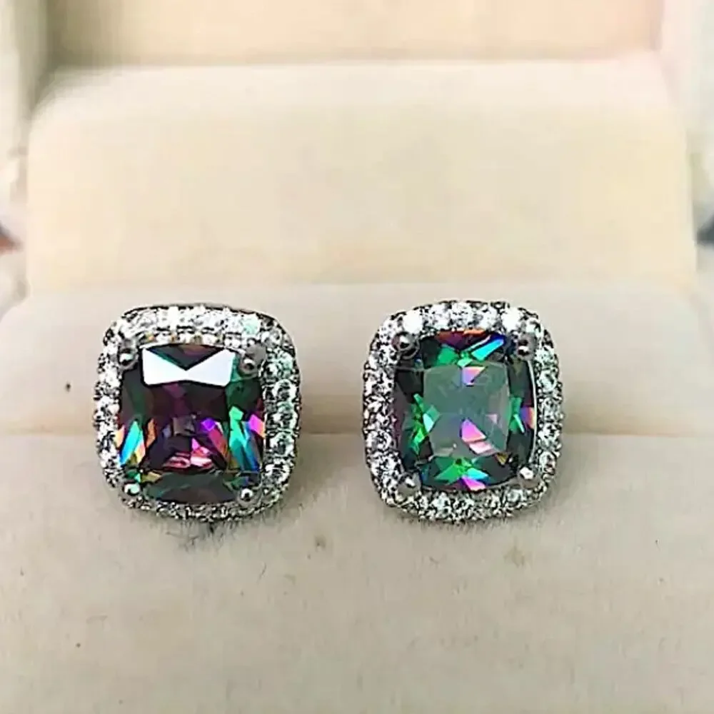 Mystic Fire Topaz Stud Earrings, Square, Princess Cut - Picture 8 of 10